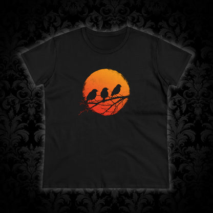 Women's T-shirt Birds in Orange Sun - Frogos Design