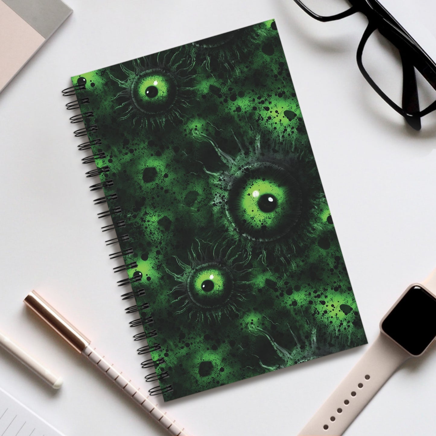 Spiral Notebook Greeny Lurking Eyes - Frogos Design