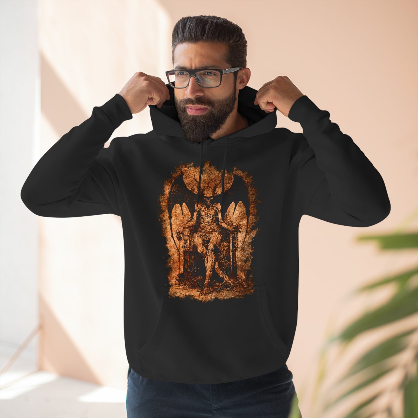 Unisex Pullover Hoodie Devil on his Throne - Orange - Frogos Design