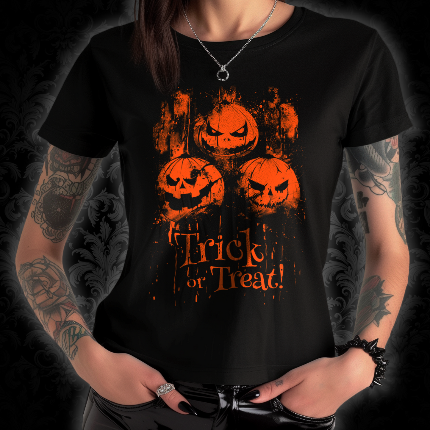 Women's T-shirt Halloween Pumpkins Trick or Treat in Orange