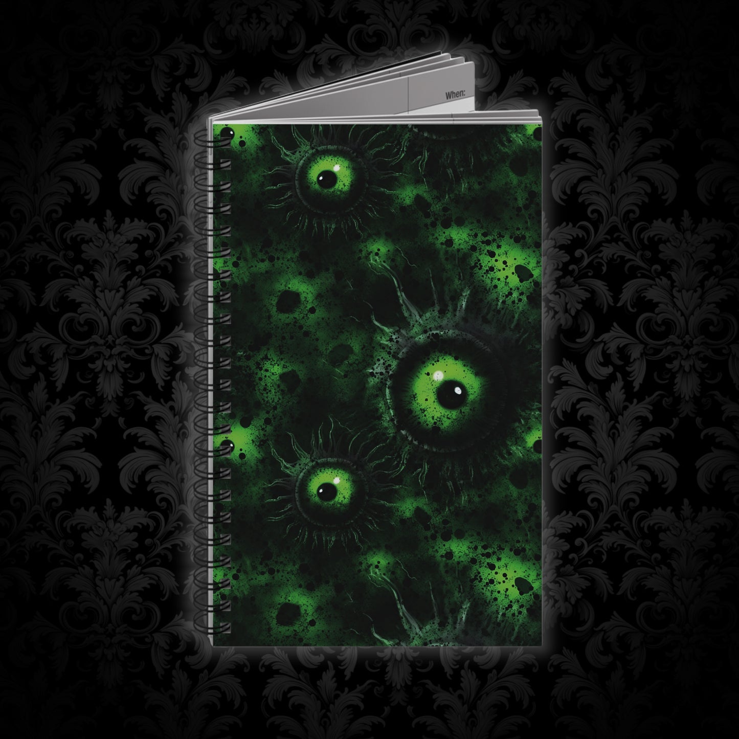 Spiral Notebook Greeny Lurking Eyes - Frogos Design